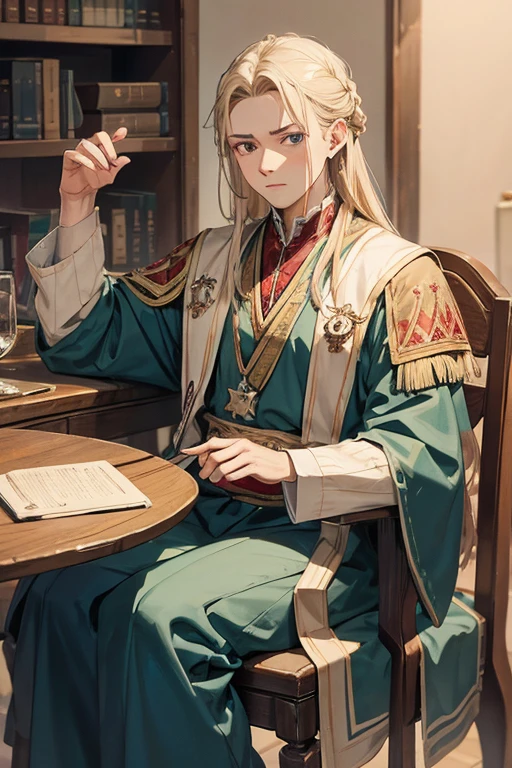 distinguished old noble lord sitting on a chair, bored, uninterested, slavic clothes