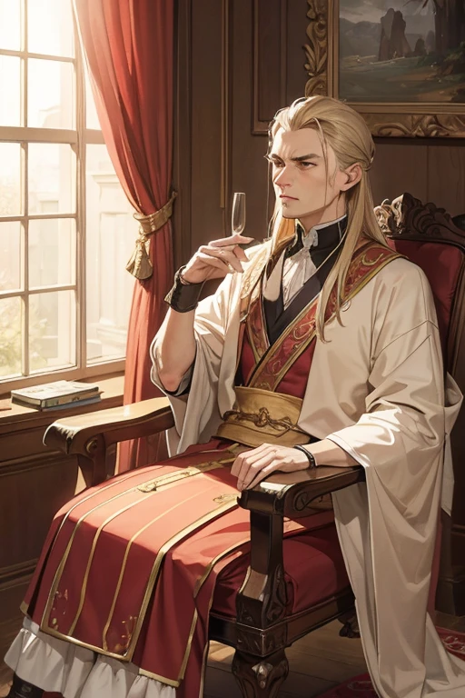 distinguished old noble lord sitting on a chair, bored, uninterested, slavic clothes
