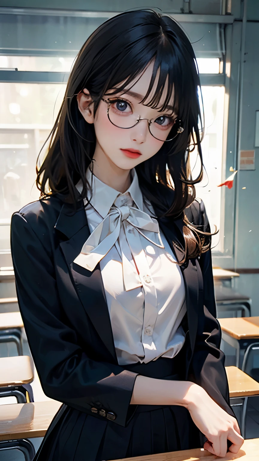 (pieces fly, highest quality, High resolution, ticker, perfect pixel, written boundary depth, In 4K), 1 adult female, alone, , beautiful anime woman, teacher, school teacher, Wear glasses, suit figure, Tight Skirt, classroom,,Teaching from the podium, looking at the viewer, perfect body, long hair, black hair, black eye, big , winter, throw, from below, Upper body, concentrated , close shot,
