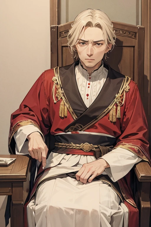 distinguished old noble lord sitting on a chair, bored, uninterested, slavic clothes
