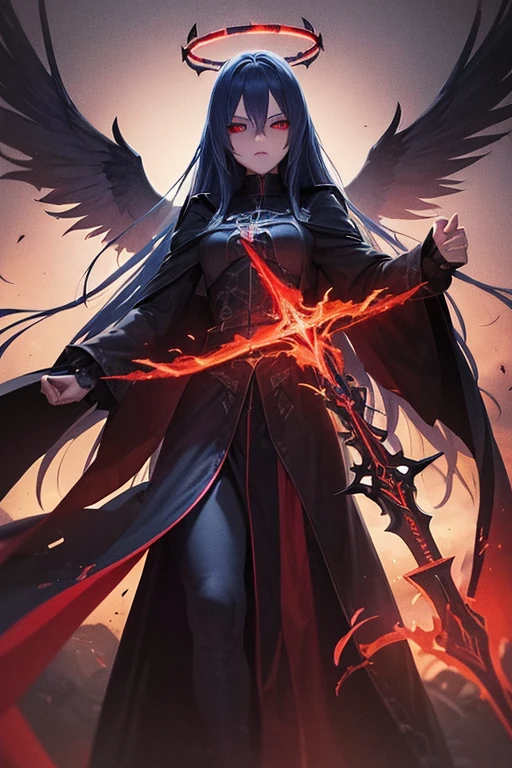 (dark,menacing:1.2),evil dark angel, (long blue hair:1.1), (red halo:1.1), (flaming sword:1.1) shaped like a cross, (dark fantasy:1.2), (red eyes:1.1), (black wings:1.1), (sinister aura:1.1), eerie atmosphere, (ominous shadows:1.1), (mysterious background:1.1), (intense lighting:1.1), (dramatic pose:1.1), medieval