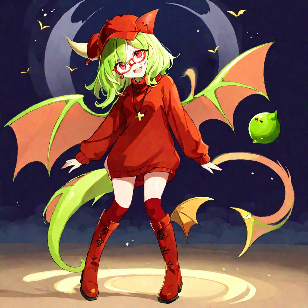 (masterpiece, best quality:1.2),1girl, red sweater, lime hair, red hat, bat wings, red eyes, smile, girl smiling, glasses, boots, horn on the head, tail, 
