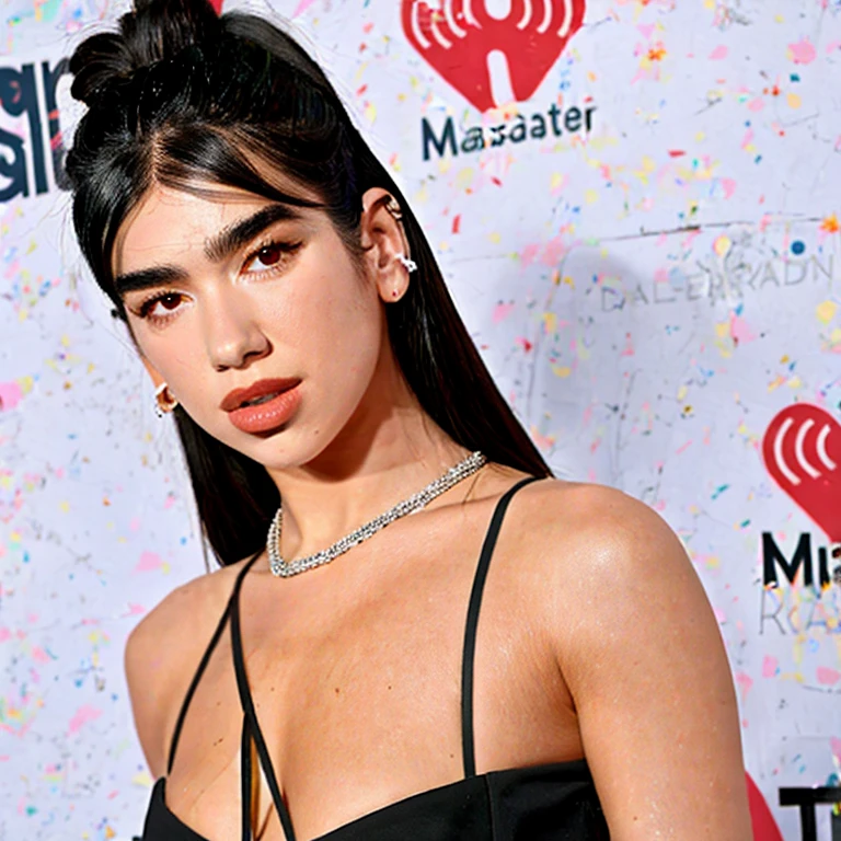 (masterpiece, best quality:1.2), 1girl, solo, Dua Lipa, DuaLipa, white dress, cleavage, winged eyeliner, black hair