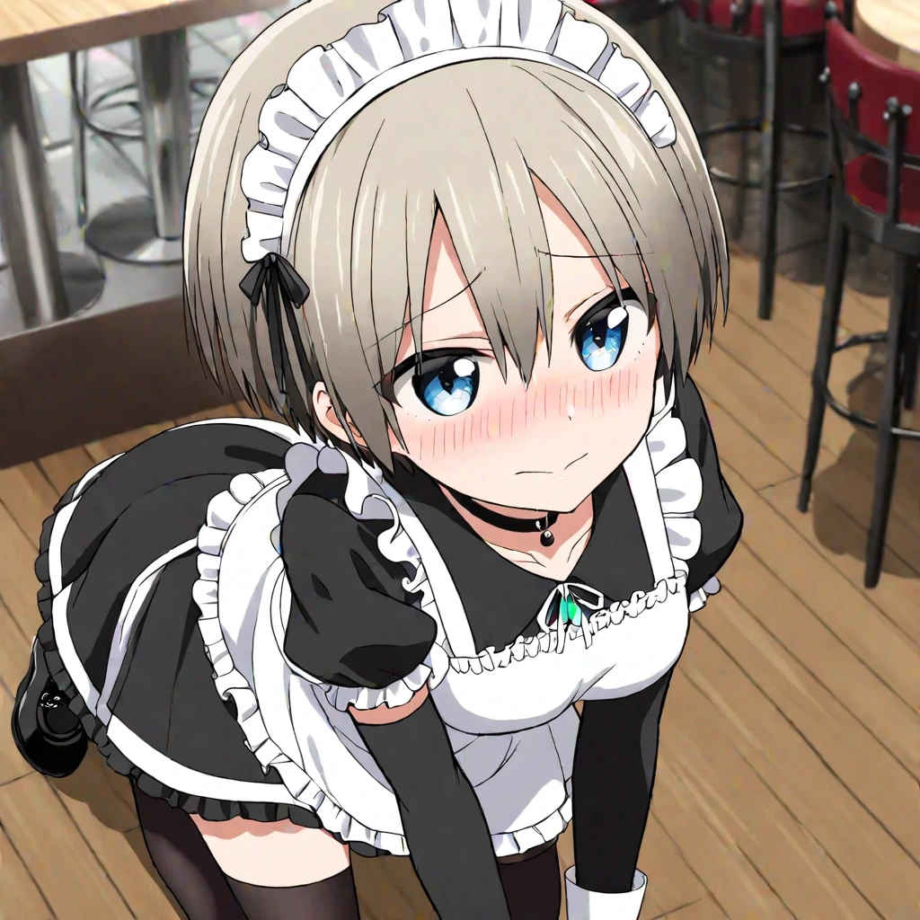 (uzakichan), blue eyes, (short light hair:1.2), embarrassed face, blushing, thick black choker, maid outfit, (on her knees:1.2), from above, goth maid, goth cafe, cafe items, cafe furniture, (cafe details:1.2)