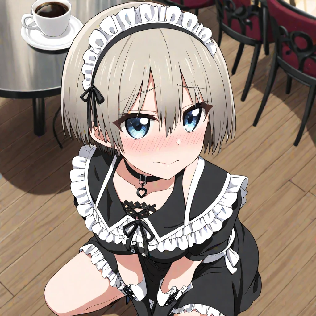 (uzakichan), blue eyes, (short light hair:1.2), embarrassed face, blushing, thick black choker, maid outfit, (on her knees:1.2), from above, goth maid, goth cafe, cafe items, cafe furniture, (cafe details:1.2)