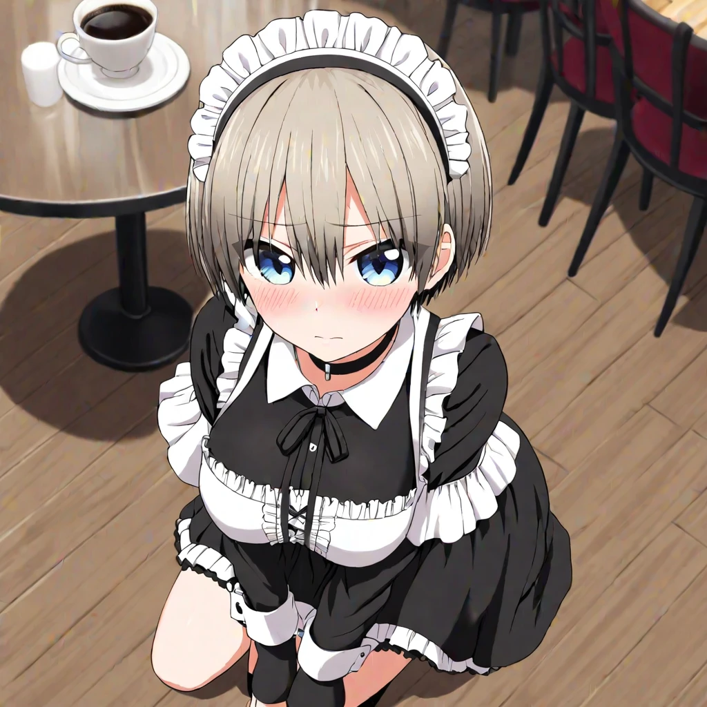 (uzakichan), blue eyes, (short light hair:1.2), embarrassed face, blushing, thick black choker, maid outfit, (on her knees:1.2), from above, goth maid, goth cafe, cafe items, cafe furniture, (cafe details:1.2)