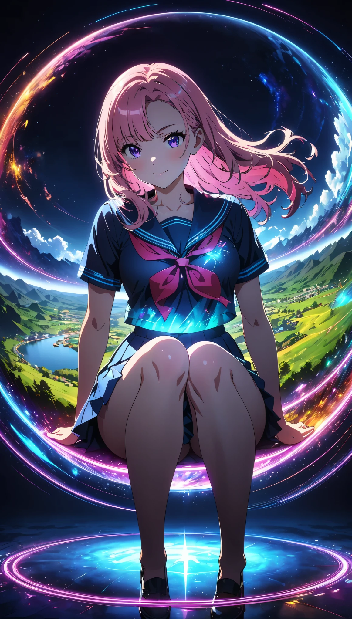(anime artwork, anime style, studio anime, very detailed, up to date, vibrant, Anime Coloring, high contrast, masterpiece:1.2, best quality, best aesthetics), holography, Neon colorで描く, Digital Art Beautiful Girl, digital space, powerful stroke, high contrast, adrenaline rush, electronic circuit:Neon color, Floating Earth, rich colors, Beautiful Light Lines. magic effect, Sparkling, girl in sailor suit, pleated skirt, A glimpse of thighs, (((Landscape, Woman floating with her knees:1.2))), Neon colorの髪, long straight hair, asymmetrical bangs, perfect proportions, high detail skin, Cute, detailed faces, cowboy shot, (chromatic aberration, abstract background, colorful background).