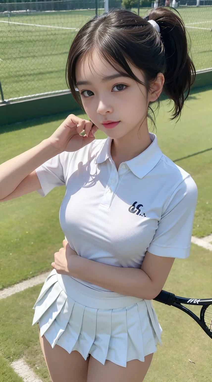 (masterpiece), (highest quality),ultra high resolution, caustics, get used to it, Beautiful get used to it FACE,perfect anatomy,cowboy shot,solo 8 year old beauty、日BookのBookを読む人、black hair,short bob hair,black eye,slender body,ideal body proportions,medium breasts,tanned skin,glowing skin,oily skin,shiny skin,Are standing,ponytail,((latex、tennis uniform、white polo shirt、white pleated mini skirt)),tennis racket1Book、正しく描かれたtennis racket:1.12、outdoor、Tennis court、,full body image((beautiful pussy line:1.1),,(((Mr... Mr.. Mr. A is very cute and has a childish face...:1.45))), 、(very young and big breasted:1.2)