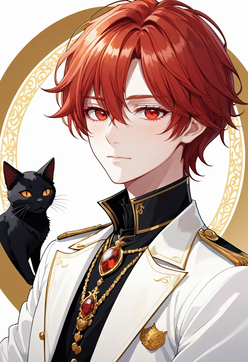 Masterpiece, ultra-detailed, Anime boy, smirk, long layered red hair, light white eyes:1.3 , white clothes, white prince outfit, one black cat in circle, simple yet elegant design, white background with gold border, vectorised and silhouetted, full-HD and 8K professional sticker design, intricately detailed drawing with flat vector lines.