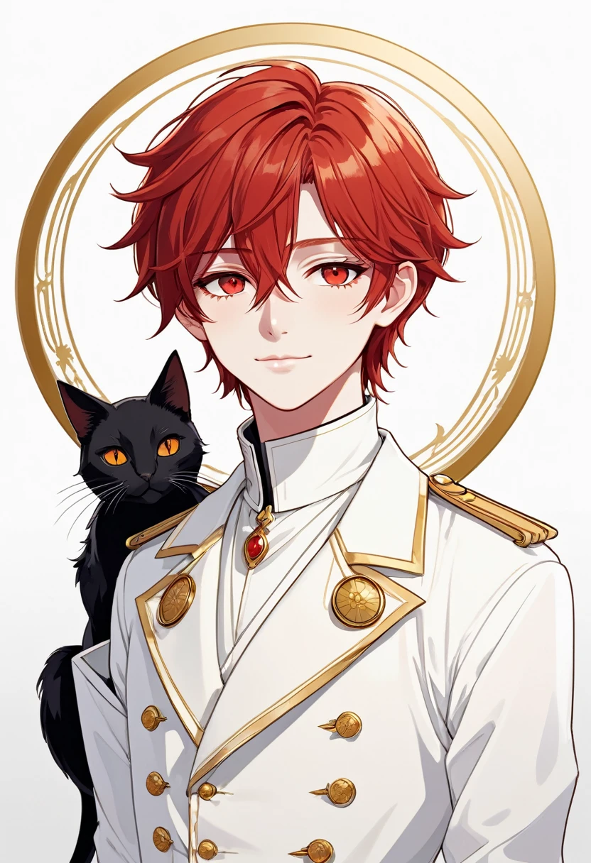 Masterpiece, ultra-detailed, Anime boy, smirk, long layered red hair, light white eyes:1.3 , white clothes, white prince outfit, one black cat in circle, simple yet elegant design, white background with gold border, vectorised and silhouetted, full-HD and 8K professional sticker design, intricately detailed drawing with flat vector lines.