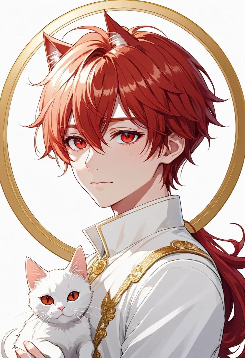 Masterpiece, ultra-detailed, Anime boy, smirk, long layered red hair, light white eyes:1.3 , white clothes, white prince outfit, one black cat in circle, simple yet elegant design, white background with gold border, vectorised and silhouetted, full-HD and 8K professional sticker design, intricately detailed drawing with flat vector lines.