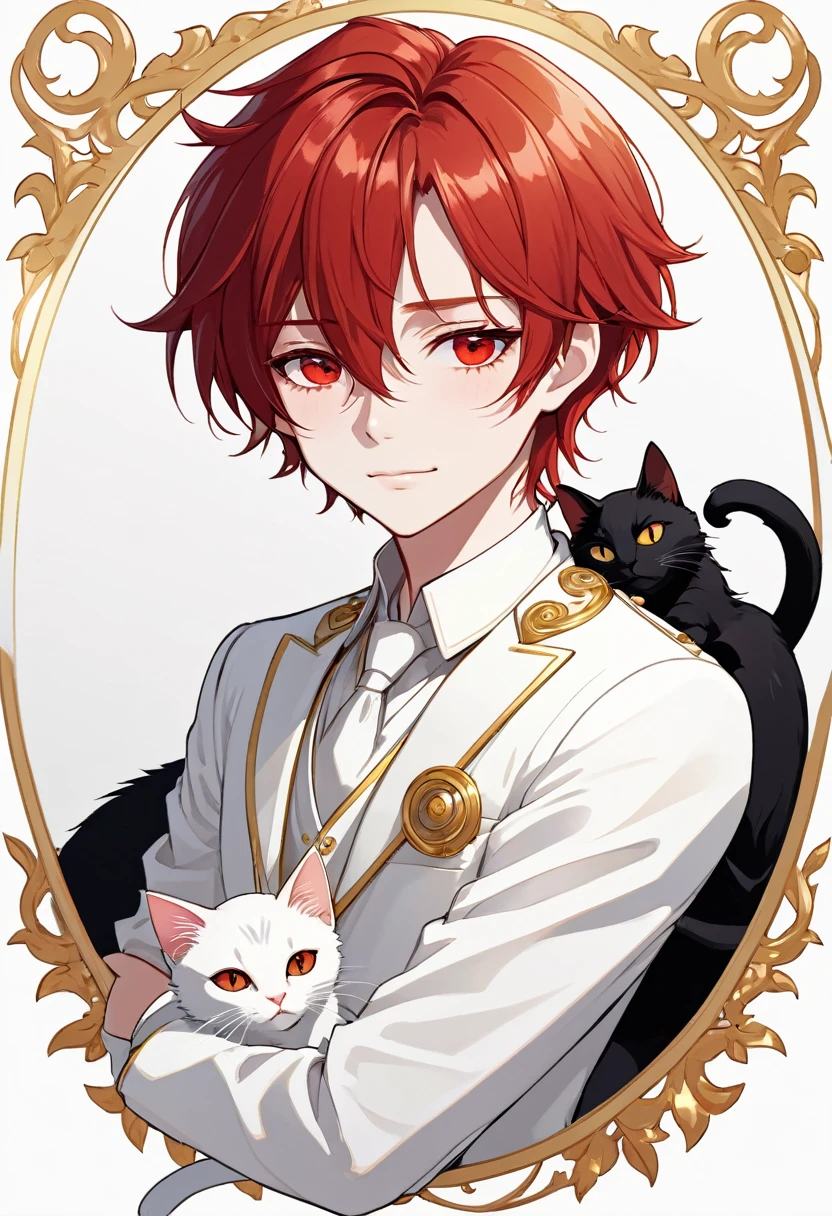 Masterpiece, ultra-detailed, Anime boy, smirk, long layered red hair, light white eyes:1.3 , white clothes, white prince outfit, one black cat in circle, simple yet elegant design, white background with gold border, vectorised and silhouetted, full-HD and 8K professional sticker design, intricately detailed drawing with flat vector lines.