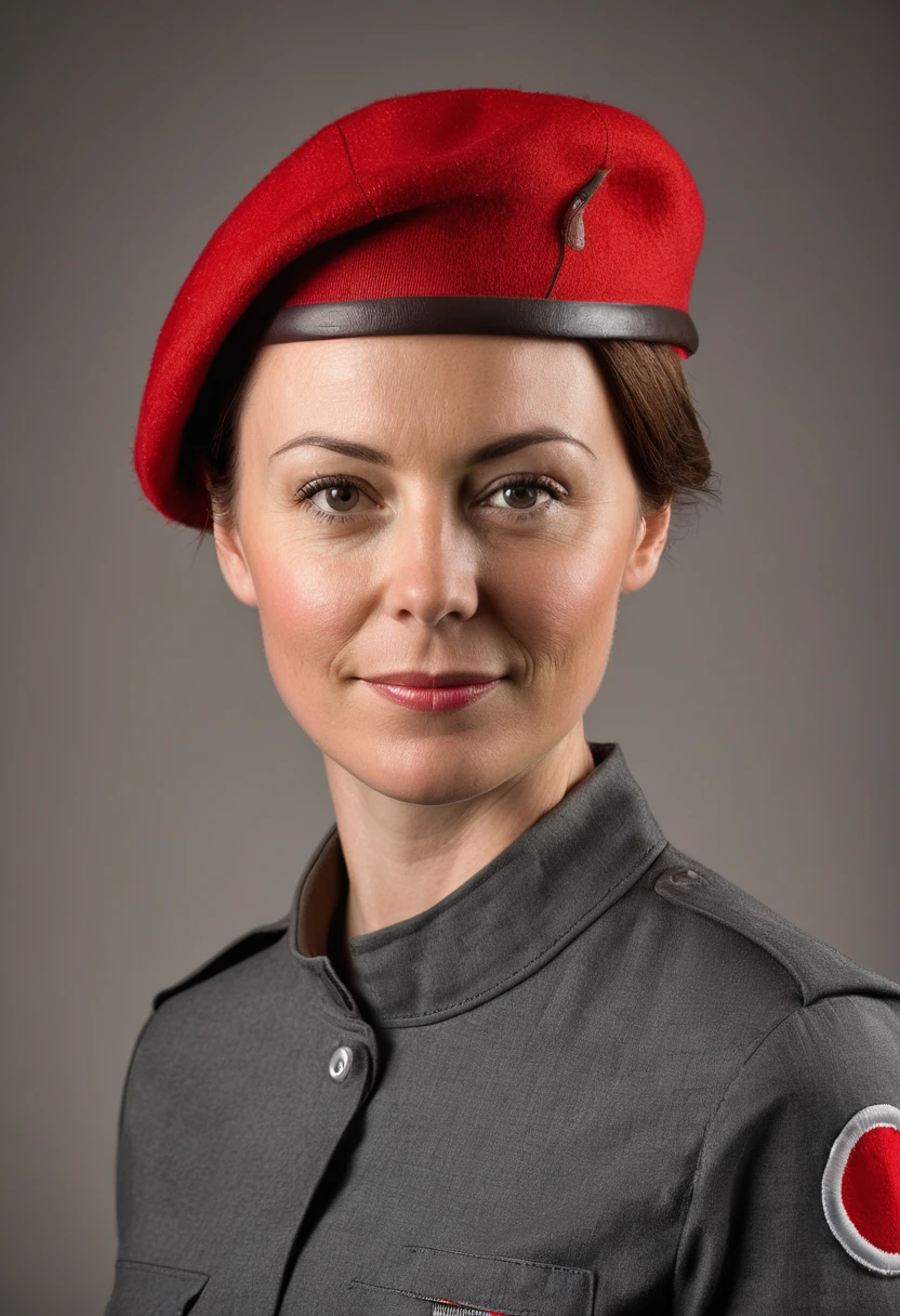 full face portrait photo, woman, short cropped style haircut, brown hair, wearing plain gray uniform with out insignia and military style red beret without insignia, hair pulled, 35 years old, plain neutral background, no shadows, uniform lighting, no beard, no facial hair, no shadows, even lighting, ring light, facing camera, face well lit. Military beret worn with military bearing.