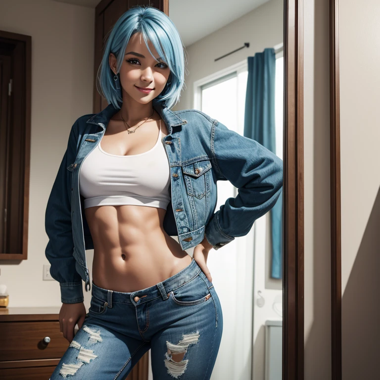 One beautiful young girl with western features, attractive and detailed female face, light blue hair, smiling, full body, sexy slim athletic body, six pack abs, beautiful girl wearing a jacket, white top and tight jeans, navel piercing, posing in front of the mirror, high resolution, best quality, 4k