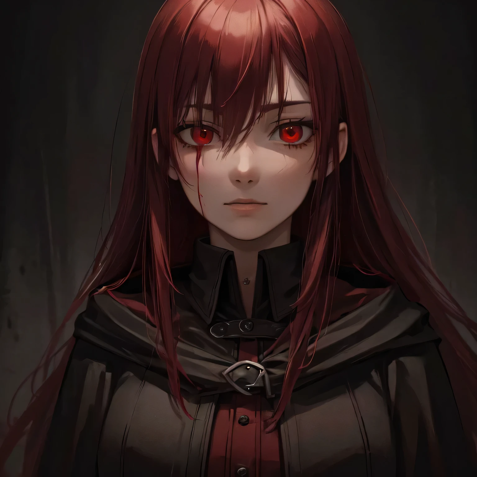 (best quality, ultra-detailed, realistic:1.37), portraits, black and red color scheme, detailed facial features, long crimson hair, eerie crimson eyes, blood on face and clothes, a 16-year-old fox-like assassin girl, wearing a black cloak and a trench coat, reminiscent of Van Helsing, in a dark and gloomy scene.
