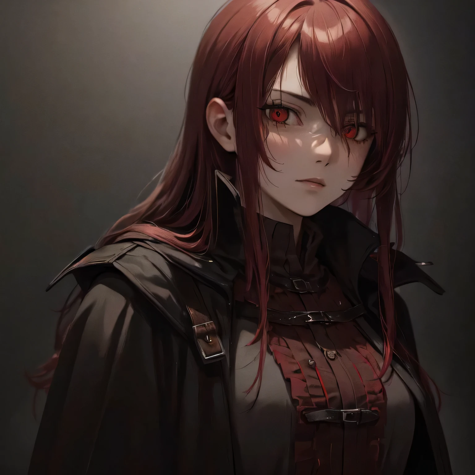 (best quality, ultra-detailed, realistic:1.37), portraits, black and red color scheme, detailed facial features, long crimson hair, eerie crimson eyes, blood on face and clothes, a 16-year-old fox-like assassin girl, wearing a black cloak and a trench coat, reminiscent of Van Helsing, in a dark and gloomy scene.
