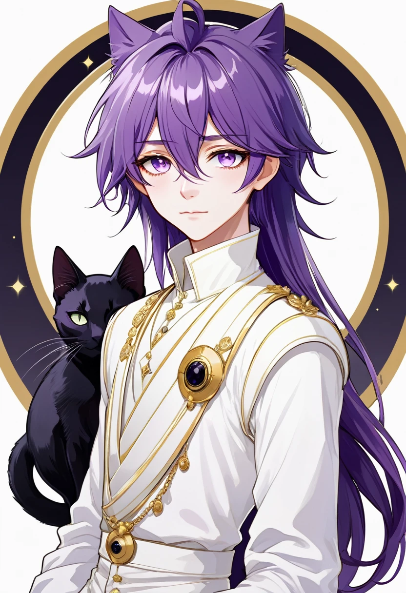 Masterpiece, ultra-detailed, Anime boy, smirk, long layered purple hair, light white eyes:1.3 , white clothes, white prince outfit, one black cat in circle, simple yet elegant design, white background with gold border, vectorised and silhouetted, full-HD and 8K professional sticker design, intricately detailed drawing with flat vector lines.