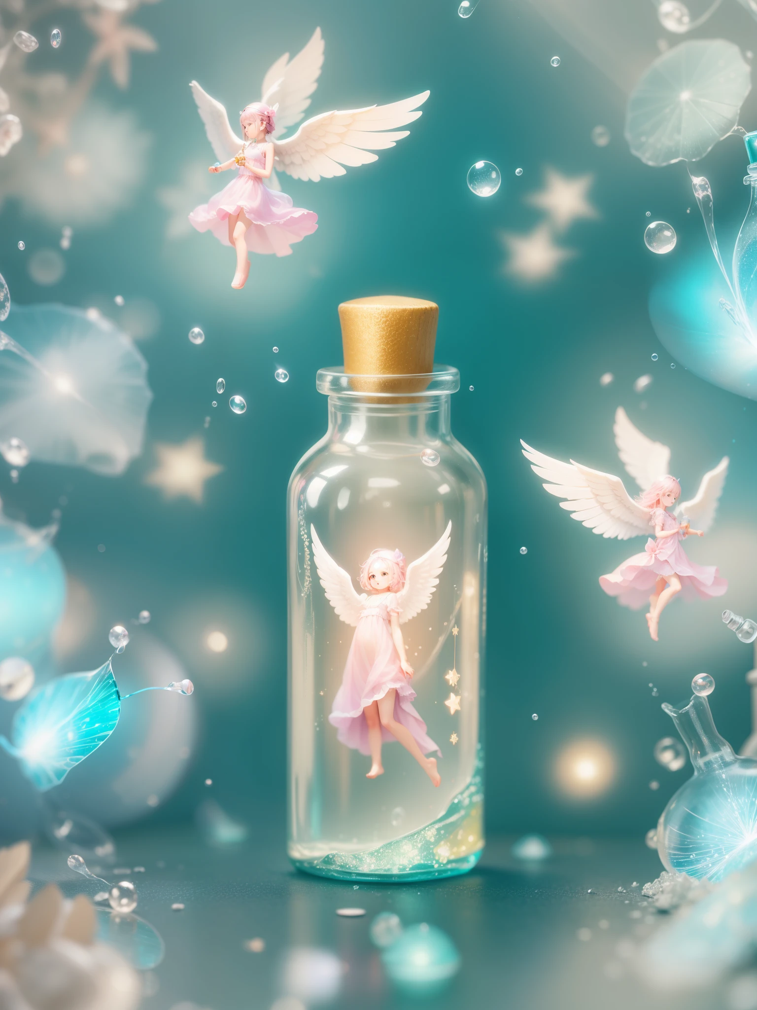 1 magic bottle、A little beautiful angel in a bottle、aura、Sparkling、pink、Transparent colorful background
