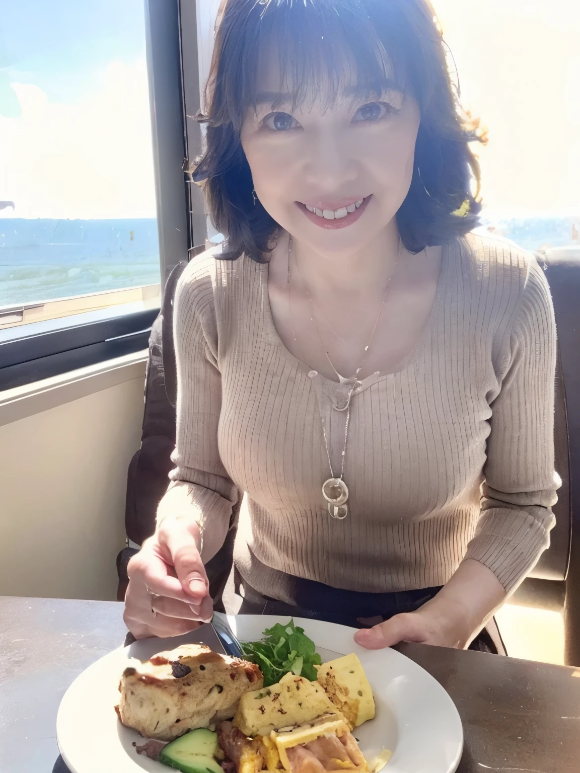 NSFW, ((Top Quality)), ((8K)), ((Masterpiece: 1.3)), (Perfect Appearance), (Photorealism: 1.6), (women eating breakfast), japanese women, (women, 58 years old), Luxury cruise ship lounge, big window, window seat, From the window you can see the sea shining in the morning sun, table top, There is breakfast for on the table, casual blouse, long skirt, pumps, (whole body),