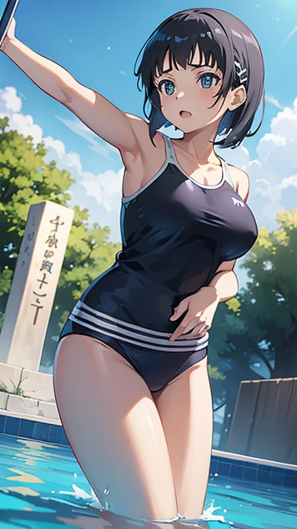 Naoha Kirigaya(Sword Art Online), 1 girl, masterpiece、highest quality、school swimwear、huge tit、Sexy、pool、dynamic angle,