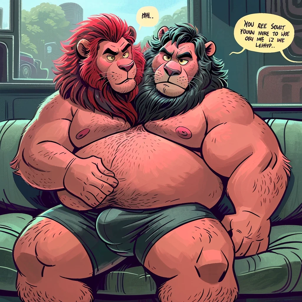 solo, (lion), two heads one body, (adult male, 50 year old male, (detailed eyes:1.2, cartoon eyes), (by pixar, by dramamine, by disney), (burly, manly, beefy, obese, red hair, black hair)), garage background, (shirtless, black athletic shorts, bulge), correct hands, (yellow eyes, correct eyes, detailed eyes), (ultradetailed, best quality, detailed masterpiece, highly detailed masterpiece, 4k, professional cartoon), ((natural pose:1.3, sitting on couch:1.3, annoyed faces:1.3, arms over couch:1.3, eye contact:1.6)), (((dadbod))), ears, ((talking:1.3, speech bubbles:1.3))