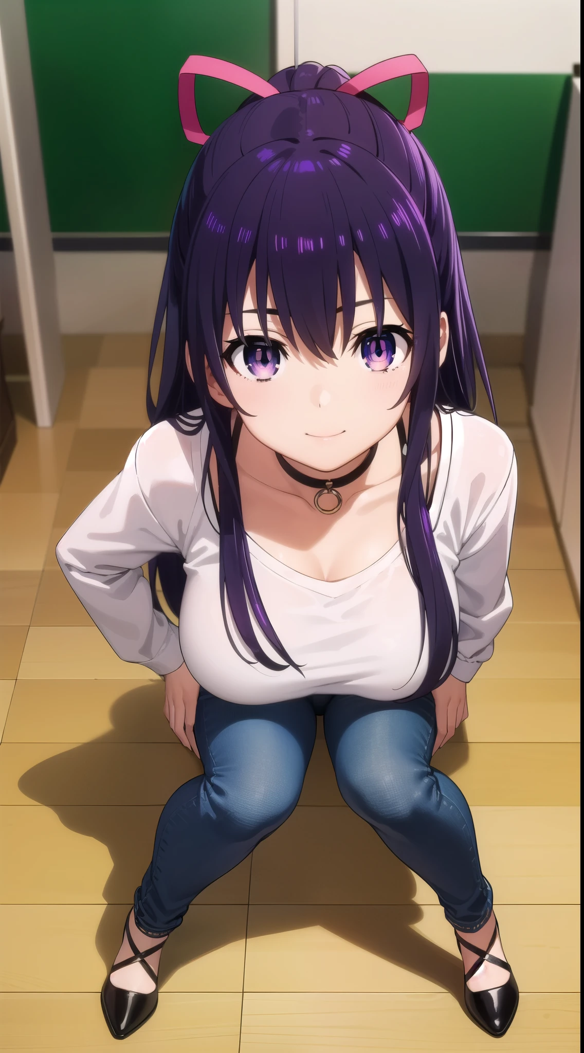 tohkayatogami, tohka yatogami casual, long hair, purple hair, alluringly smile, sweater crop top, white top, long sleeves, v neck, fabric choker, jeans , torn jeans, tight jeans (purple eyes:1.1), hair ribbon, ponytail, purple hair, white ribbon,g cup breasts, plump butt , low heels 
BREAK ,
BREAK indoors, office, alone, sitting, sitting on table, hand on cheek , low heels, white ribbon 
BREAK looking at viewer, elegant poses, cheeks rest, confident, full body view, head to toe view, create bit distance 
BREAK (masterpiece:1.2), best quality, high resolution, unity 8k wallpaper, (illustration:0.8), (beautiful detailed eyes:1.6), extremely detailed face, perfect lighting, extremely detailed CG, (perfect hands, perfect anatomy),