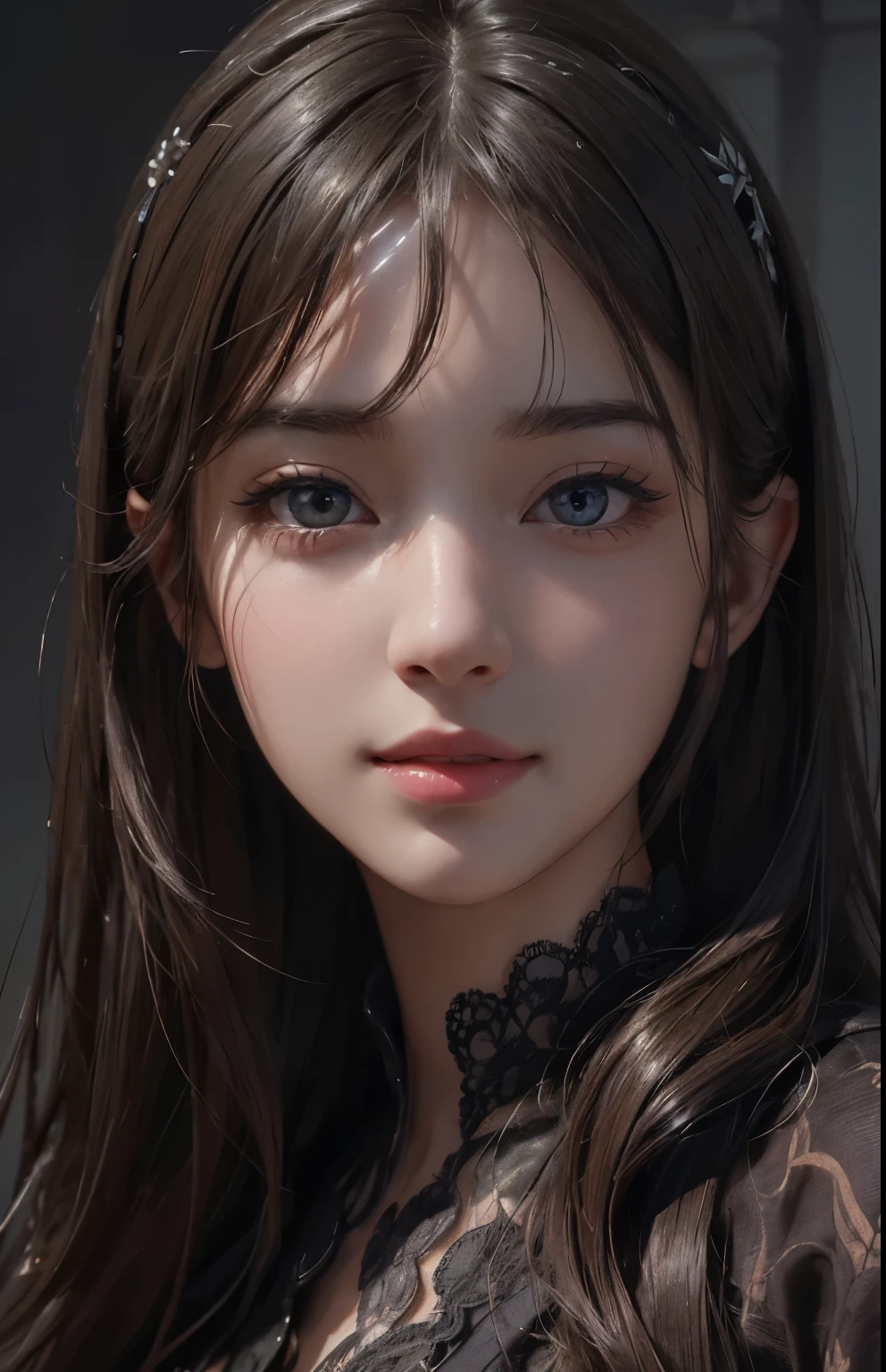(ultra realistic) , (illustration), (increase resolution), (8K), (extremely detailed), (best illustration), (beautiful detailed eyes), (best quality), (ultra-detailed), (masterpiece), (wallpaper), (detailed face), solo,1 girl, looking at viewers, delicate details, detailed faces, in the dark, deep shadow, low key,pureerosfaceace_v1, smile,