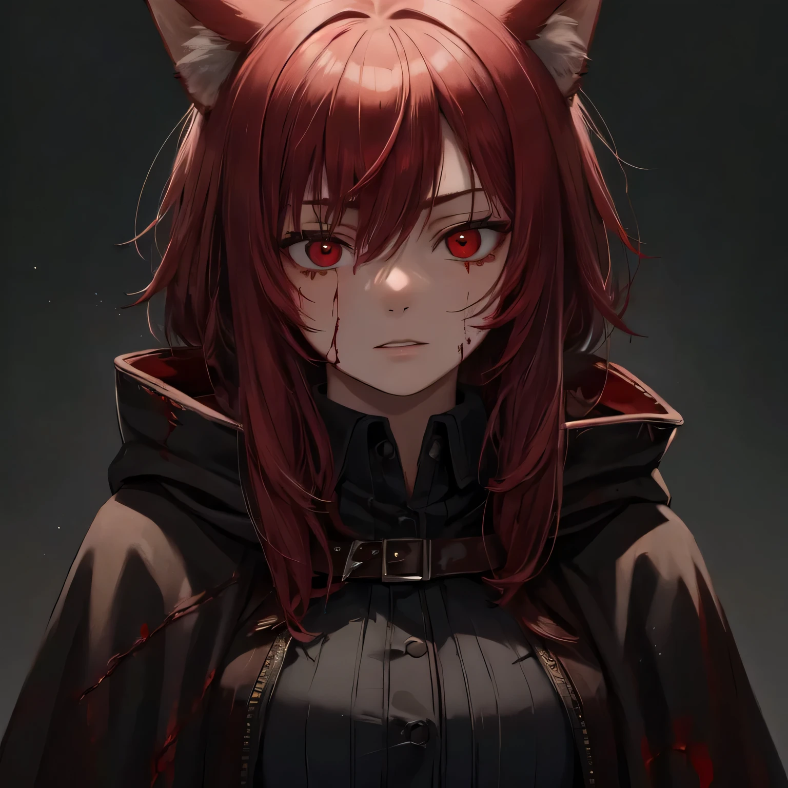 cinematic lighting gothic 90s anime style, sfw, face portrait, woman, ((red hair)), long hair, (freckles:0.85), cat ears, crazy smile, (fangs:1.2), detailed teeth, crazy face, (blood:1.2), lood dripping, madness, absurdes, solo, detailed eyes, jewelry, dark background, (darkness:1.4) <lora:weight_slider_v2:-1>