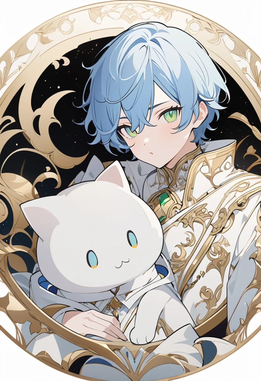 Masterpiece, ultra-detailed, Anime boy, pouty lips, long layered blue hair, light green eyes, white clothes, white prince outfit, one black cat in circle, simple yet elegant design, white background with gold border, vectorised and silhouetted, full-HD and 8K professional sticker design, intricately detailed drawing with flat vector lines.