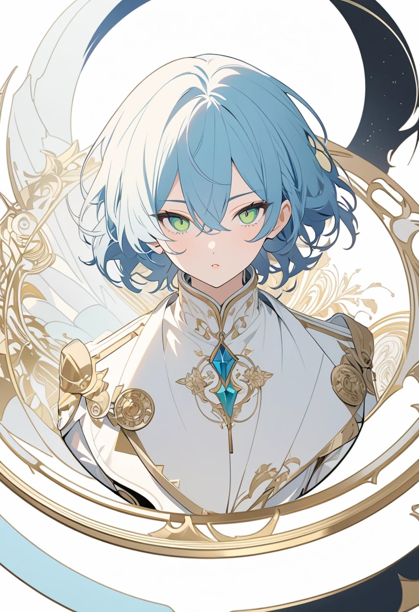 Masterpiece, ultra-detailed, Anime boy, pouty lips, long layered blue hair, light green eyes, white clothes, white prince outfit, one black cat in circle, simple yet elegant design, white background with gold border, vectorised and silhouetted, full-HD and 8K professional sticker design, intricately detailed drawing with flat vector lines.