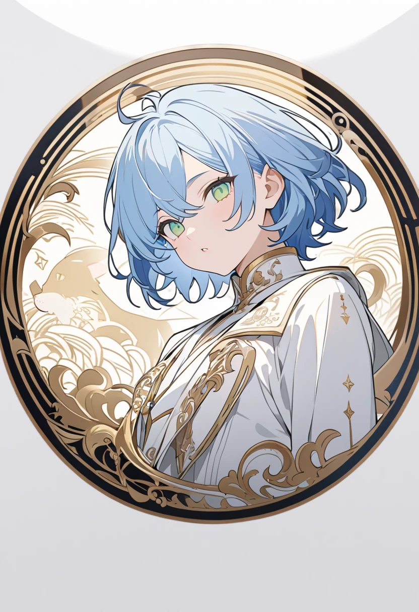 Masterpiece, ultra-detailed, Anime boy, pouty lips, long layered blue hair, light green eyes, white clothes, white prince outfit, one black cat in circle, simple yet elegant design, white background with gold border, vectorised and silhouetted, full-HD and 8K professional sticker design, intricately detailed drawing with flat vector lines.