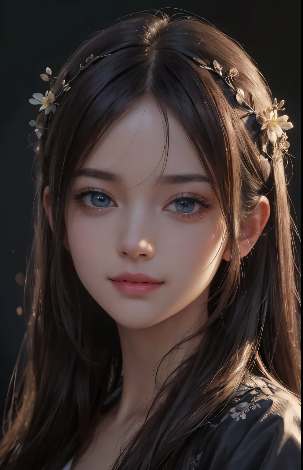 (ultra realistic) , (illustration), (increase resolution), (8K), (extremely detailed), (best illustration), (beautiful detailed eyes), (best quality), (ultra-detailed), (masterpiece),  (wallpaper), (detailed face), solo,1 girl, looking at viewers,  delicate details, detailed faces, in the dark, deep shadow, low key,pureerosfaceace_v1, smile,