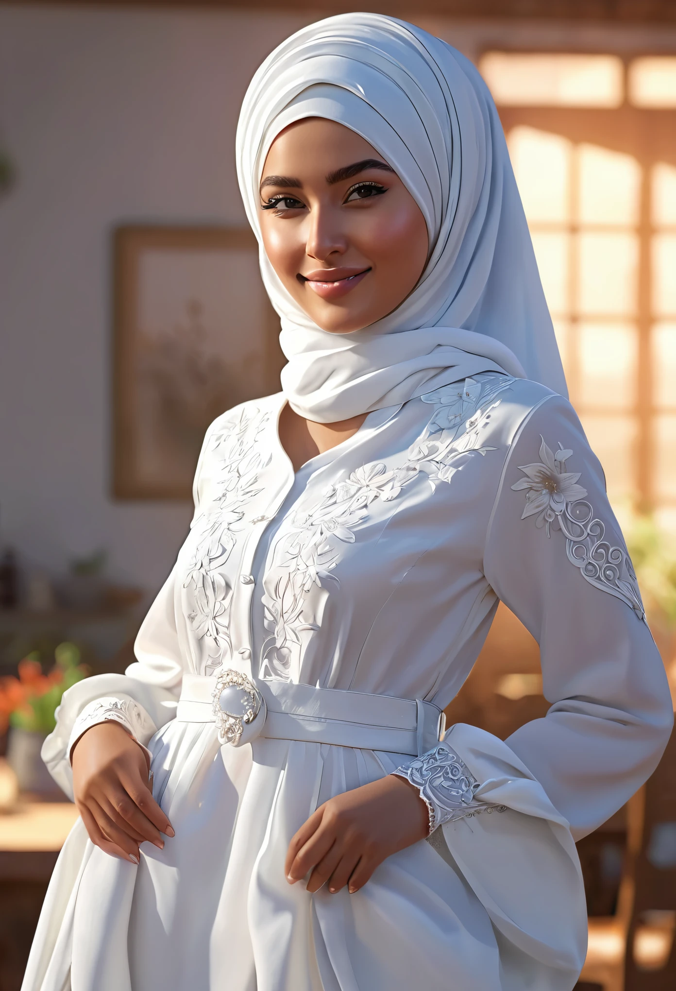 best quality, chef-d'artwork, photoRealistic, Realistic, 1fille, hijab, elegant, beau visage, extremely detailed face, (robe longue colorée:1.2, manches longues), peignoir, gants blancs, ornement de cheveux, tiare, soirée au champ de fleurs, focus sur le personnage, slight smile, debout, dynamic lighting, tir de cow-boy