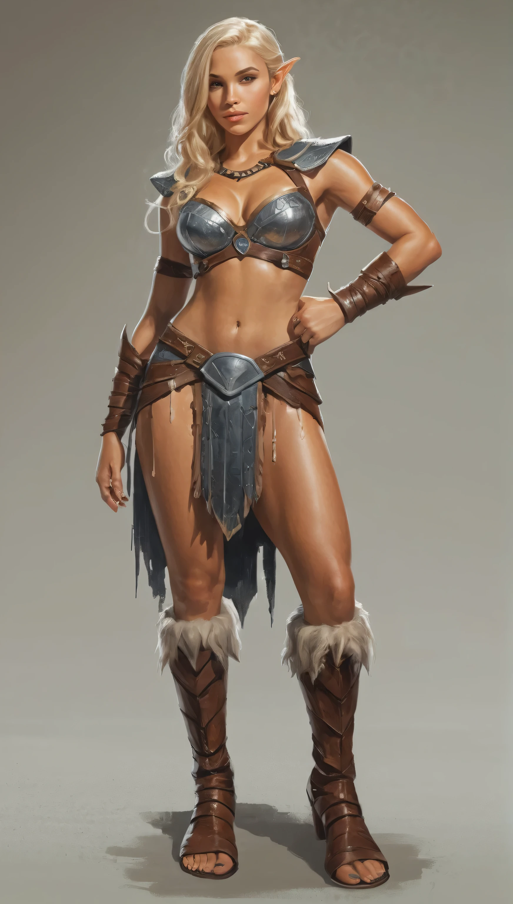 An illustrated movie poster, hand-drawn, full color, a teenage elven girl, wearing a bodice, sun-tanned complexion, very tall, athletic body, hourglass figure, curvy, slightly chubby, bottom-heavy, generous hips, massive bubble-butt, long legs, ridiculously thick powerful thighs, amber brown eyes, long pointy elf ears, platinum blonde hair, long loose waves, posing on a pedestal, wet glistening skin, hard shadows, graphite shading, stencil marks, airbrushed acrylic paint, masterpiece, in the style of Conan the Barbarian