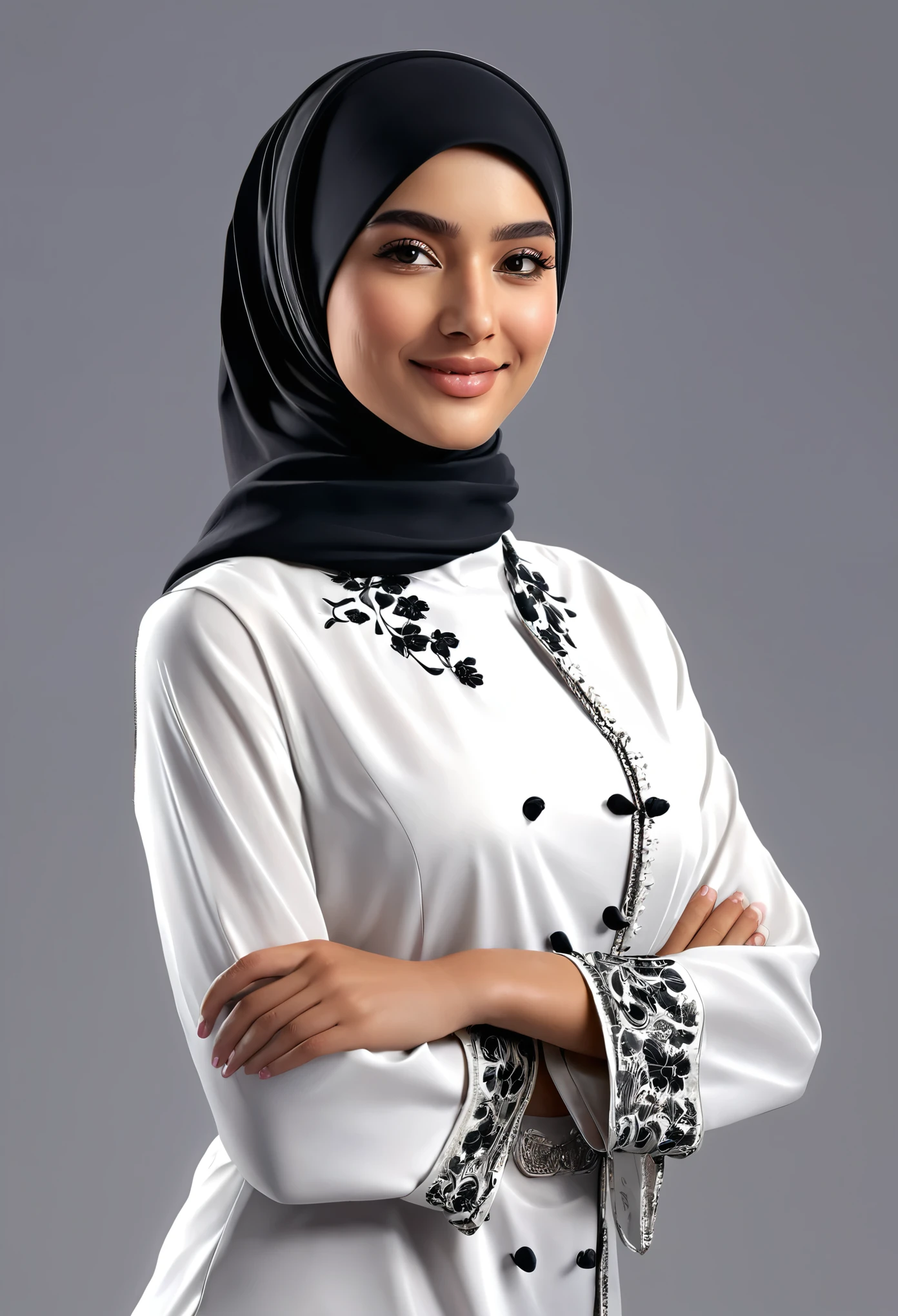 best quality, chef-d'artwork, photoRealistic, Realistic, 1fille, hijab, elegant, beau visage, extremely detailed face, (robe longue colorée:1.2, manches longues), peignoir, gants blancs, ornement de cheveux, tiare, soirée au champ de fleurs, focus sur le personnage, slight smile, debout, dynamic lighting, tir de cow-boy