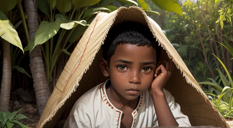 A boy in Indian clothes, cor de Pele preta, ****** negro, indigenous boy, hiding behind bushes, ele esta na mata, roupa africano, ****** africano