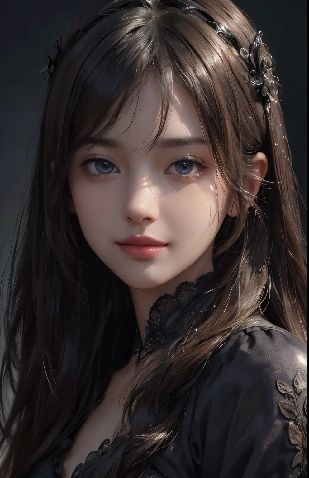 (ultra realistic) , (illustration), (increase resolution), (8K), (extremely detailed), (best illustration), (beautiful detailed eyes), (best quality), (ultra-detailed), (masterpiece),  (wallpaper), (detailed face), solo,1 girl, looking at viewers,  delicate details, detailed faces, in the dark, deep shadow, low key,pureerosfaceace_v1, smile,