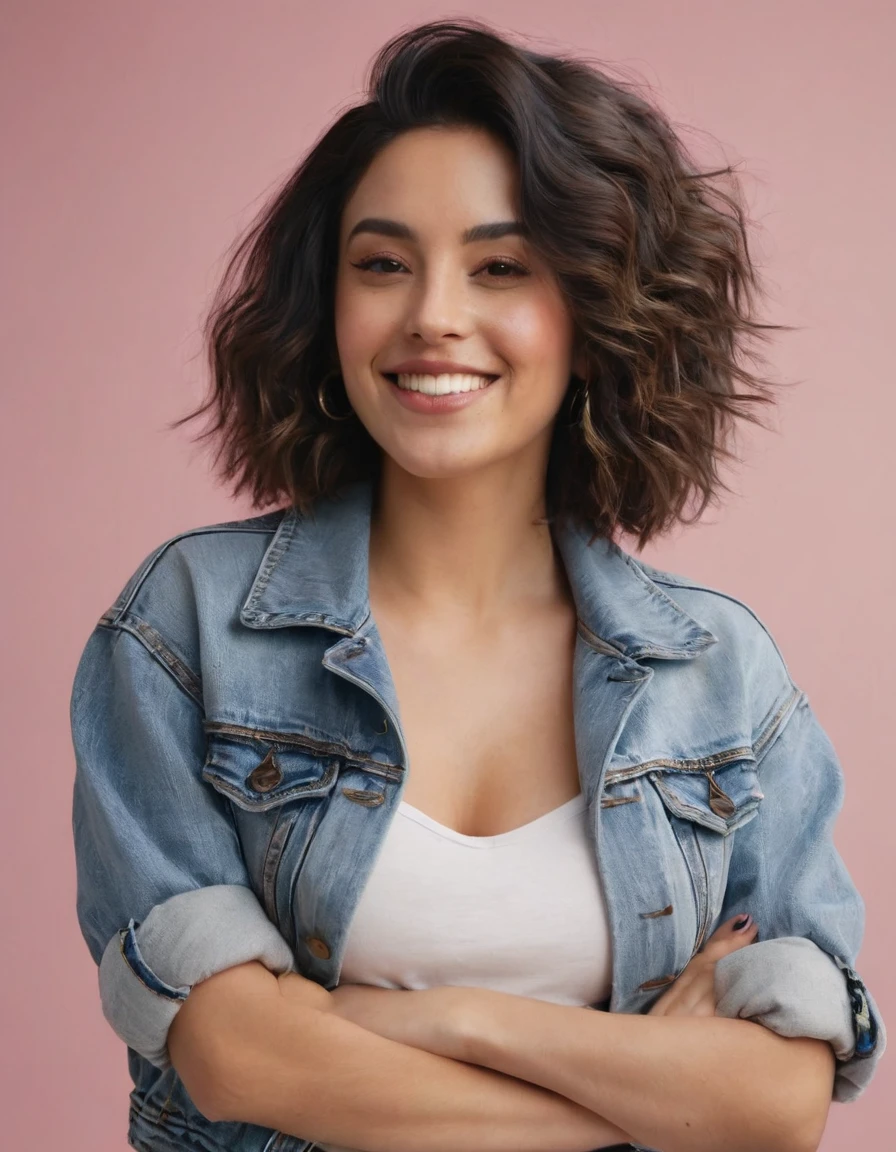 An image of a woman with voluminous wavy hair, standing confidently and smiling at the camera. She is wearing a light denim jacket with rolled sleeves, a black crop top, and high-waisted denim shorts. Her right hand rests on her hip, and her left arm is relaxed at her side. The setting is simple, with soft lighting that highlights her friendly demeanor and casual style.