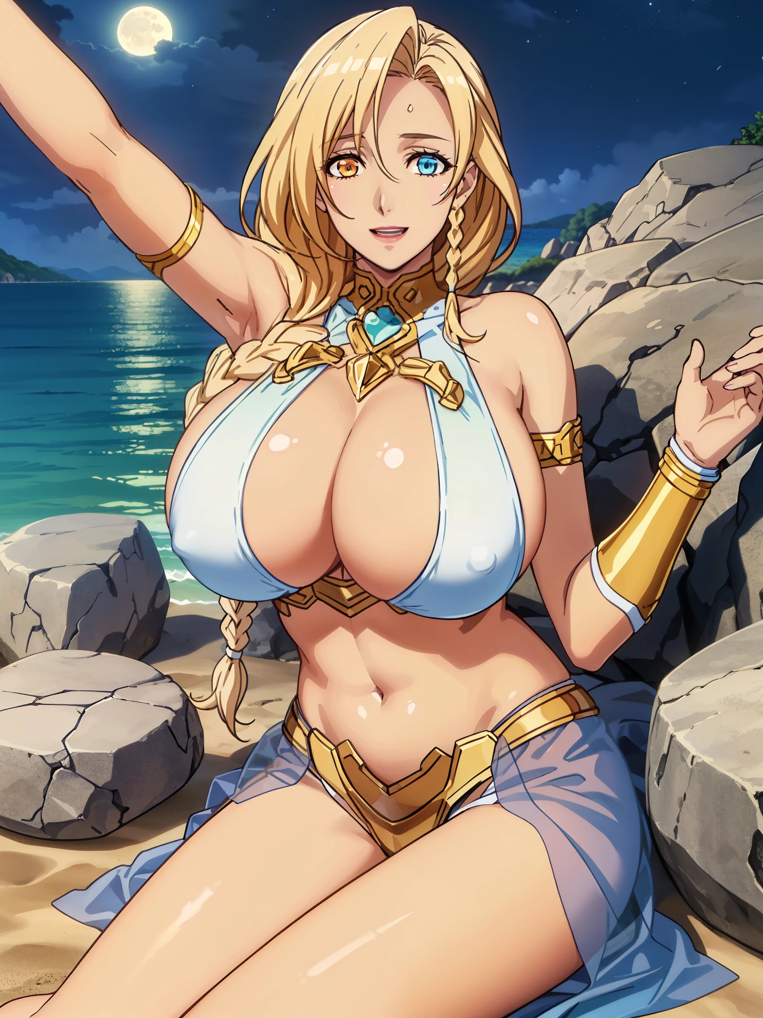(showing her armpits), (lying on side), See-through pantyhose with gold lace ruffles, gold lace ruffle garter belt, sarielx, god rays, (night beach background), beautiful moon, (beside the pile of big rocks), anime cels style, best quality, high resolution, 1girl, (huge breasts:1.2), beautiful face, cowboy shot, heterochromia, braided ponytail, braided bangs, (laughing), looking at viewer, (pov from top), lipstick