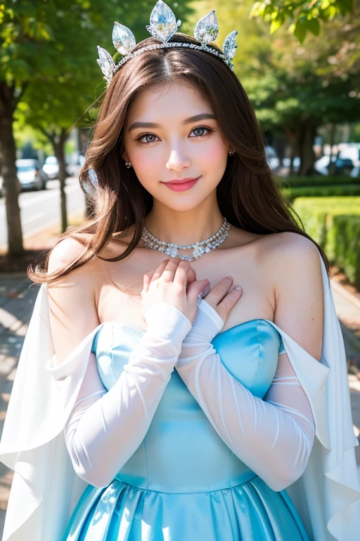 1 girl,  Asian girl, she's a goddess of beauty, she looks very kind and cute, young girl, baby ldish, 150 ight, bright skin ((bright skin:4,8)), wearing light blue very long sleeve bride dress made from 100% silk ((very long sleeve dress:7,9)), her chest covered by her very long sleeve dress, her dress fullfilled with diamond knick-knack, beautiful baby face, pretty filed face, nice diamond jewellery ((diamond jewellery:3,5)), beautiful white crown with very nice diamond above her head (((diamond crown:3,8))), perfect body, she have a pair of beautiful white wings (((a pair of beautiful white wings:6,5))), perfect chest ((chest:3,5)), wearing white bride cloak ((bride cloak:5,5)), light blue elegant gloves ((elegant gloves:4,5)), perfect tights ((tights:3,8)), perfect shoulders ((shoulders:3,5)), pointed nose ((pointed nose:3,4)), sweet smile ((smile:2,4)), smiling eye, detailed eye ((blue eyes:4,5, eye size:2,5)), full body looks, she wears glossy light blue heels ((glossy blue heels:4,5)), long wavy blackish hair ((long brownish hair:6,4)), front view, detailed anatomy, perfect anatomy, perfectly photographed, standing under sakura tree, depth of field, first-person view, f/1.8, 135mm, Nikon, UHD, retina, masterpiece, accurate, anatomically correct, textured skin, super detail, high details, high quality, best quality, highres, 1080P, HD, 4K, 8k