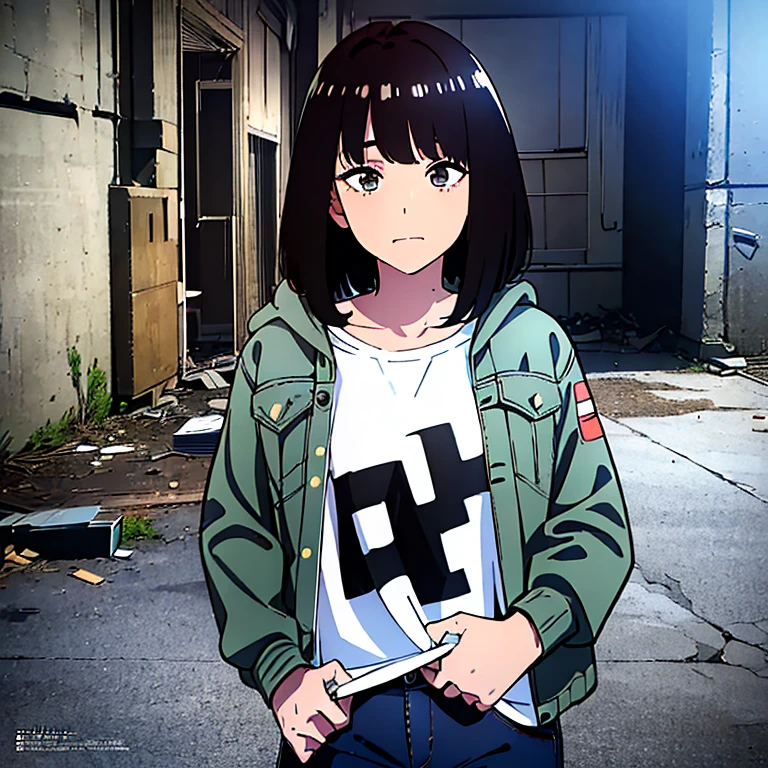 (best quality,4k,8k,highres,masterpiece:1.2),ultra-detailed,(realistic,photorealistic,photo-realistic:1.37),Bob cut with curtain bangs,dark hair, denim jacket,gray hooded jacket,graphic t-shirt,distressed jeans,distressed cut off jean ,red and white sneakers, standing in an abandoned building with a camera around her neck,