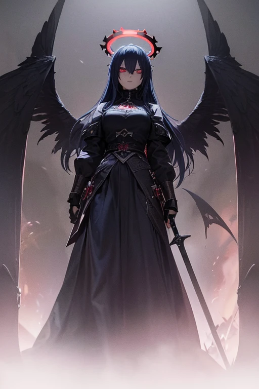 (dark,menacing:1.2),evil dark angel, (long blue hair:1.1), (red halo:1.1), (flaming sword:1.1) shaped like a cross, (dark fantasy:1.2), (red eyes:1.1), (black wings:1.1), (sinister aura:1.1), eerie atmosphere, (ominous shadows:1.1), (mysterious background:1.1), (intense lighting:1.1), (dramatic pose:1.1), medieval
