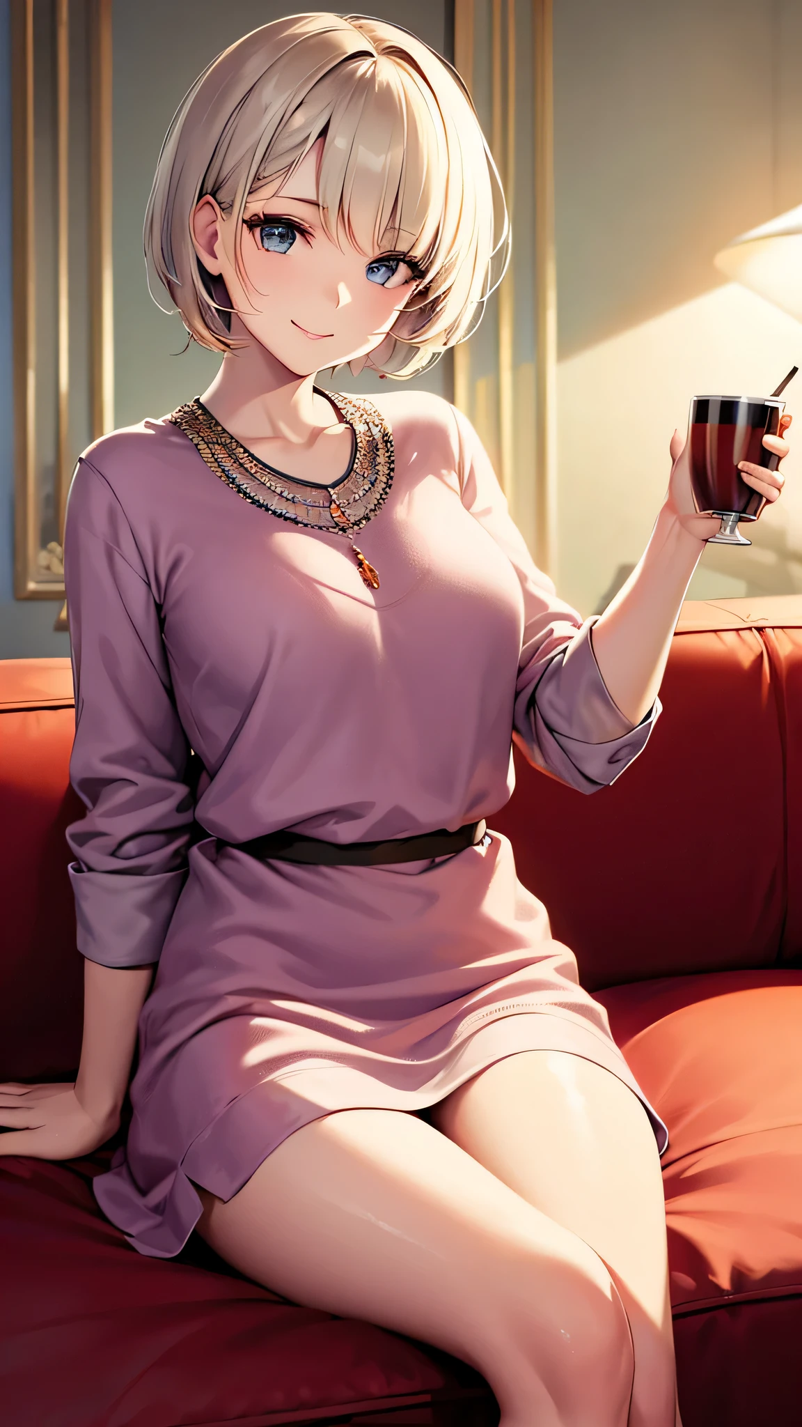 Aoman, sit on the sofa, holding cup of tea, smile face, beautiful, looking at you, short hair, fixed hand
