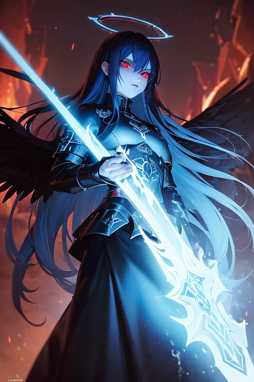 (dark,menacing:1.2),evil dark angel, (long blue hair:1.1), (red halo:1.1), (flaming sword:1.1) shaped like a cross, (dark fantasy:1.2), (red eyes:1.1), (black wings:1.1), (sinister aura:1.1), eerie atmosphere, (ominous shadows:1.1), (mysterious background:1.1), (intense lighting:1.1), (dramatic pose:1.1), medieval, soaked in blood, ????, horror