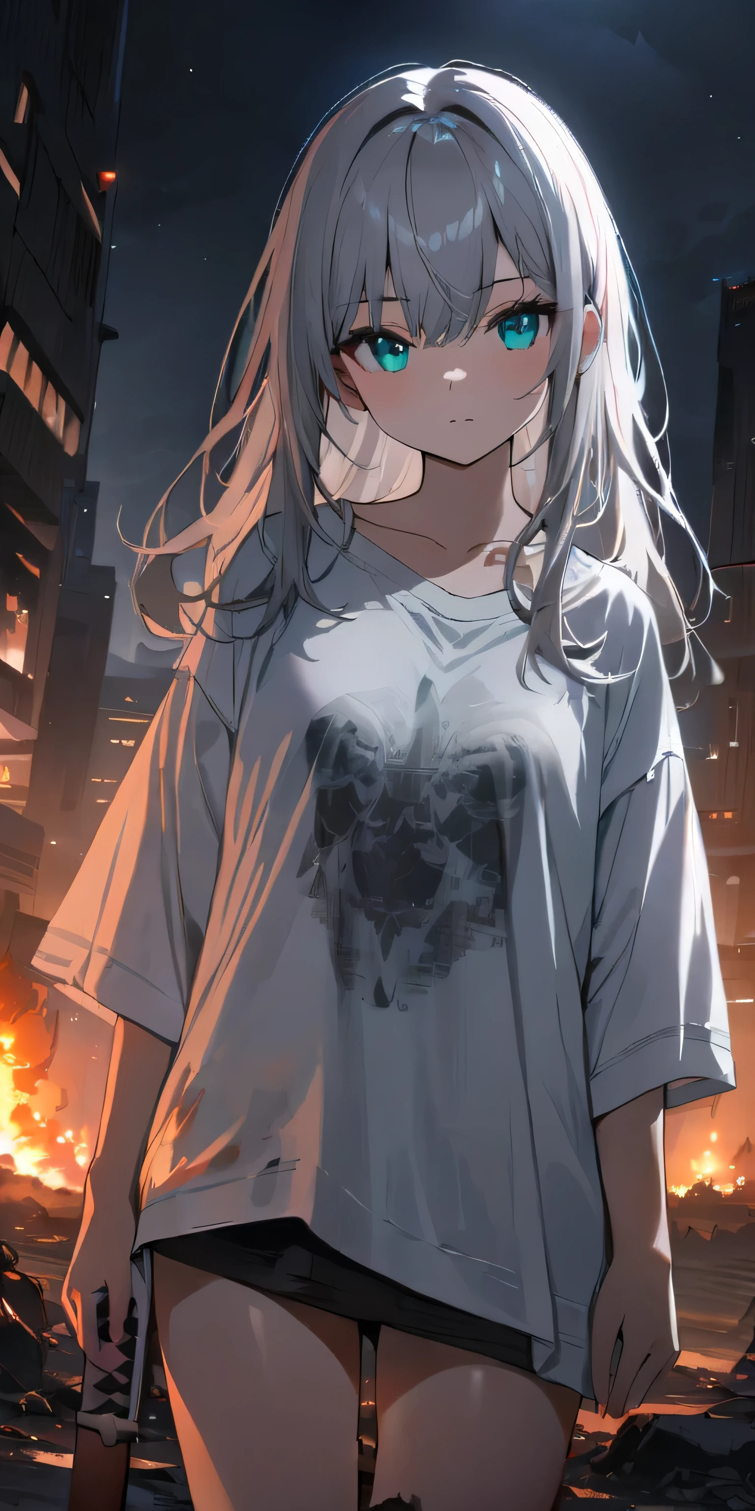 Resolution full, best quality, masterpiece, full HD, beautifull girl, foggy theme, super detailed, 1girl, cute girl, long hair, silver hair, detailed beautiful Aqua eyes, white T - shirt oversized, in wasteland, night time. in burning city and destroyed city. holding glowing katana, shadows surroundings girl, has a lighting power, 