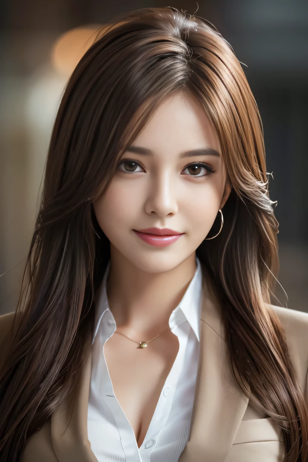 table top, highest quality, realistic, Super detailed, finely, High resolution, 8k wallpaper, 1 beautiful woman,, light brown messy hair, wearing a business suit, sharp focus, perfect dynamic composition, beautiful and detailed eyes, thin hair, Detailed realistic skin texture, smile, close-up portrait, model body shape
