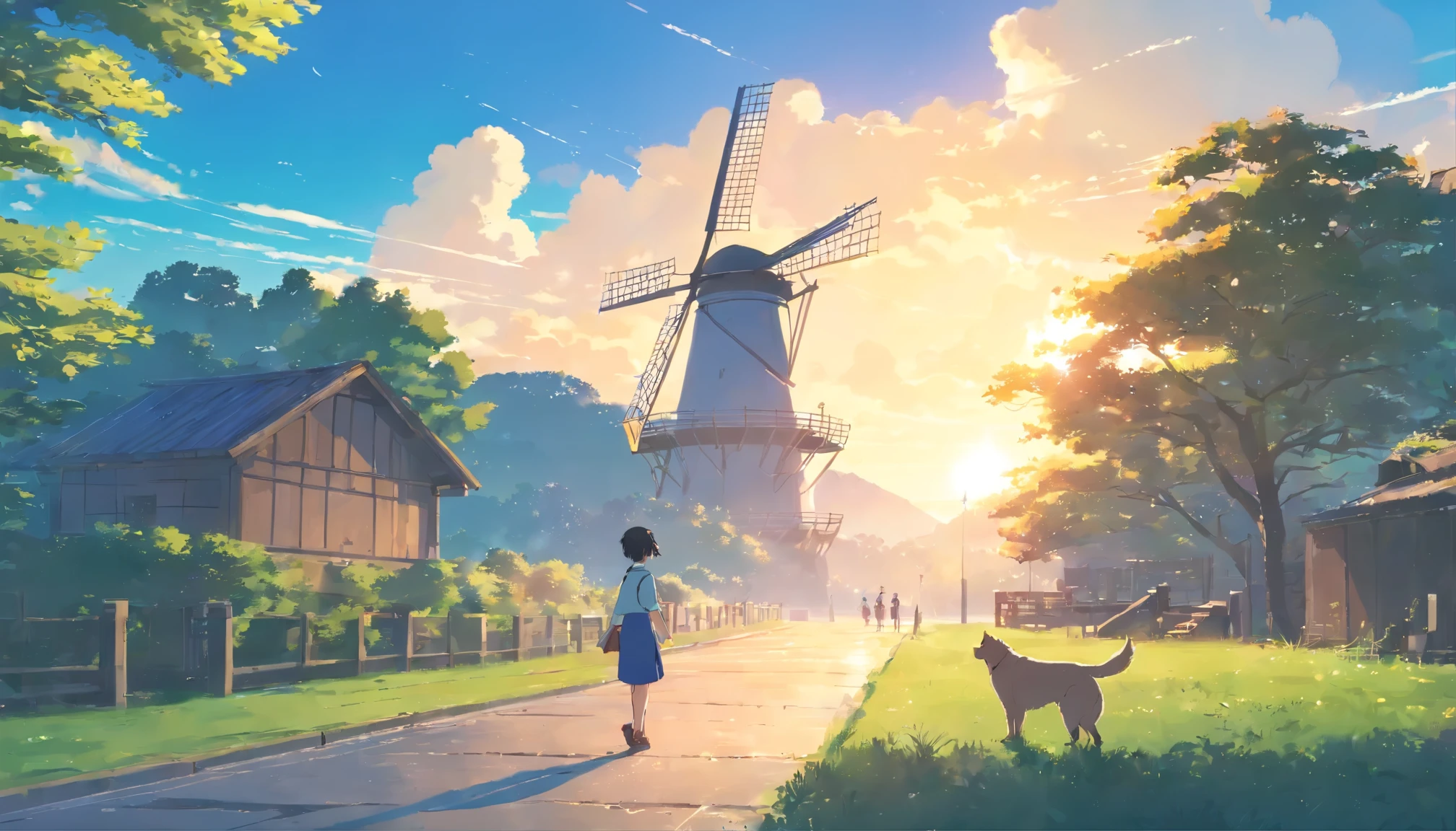 European style of the 17th century,blue sky,There are white clouds in the sky,The underground is Dutch architecture,There is a large windmill,There are small children,There's a dog that chases me,Peaceful scenery that warms your heart