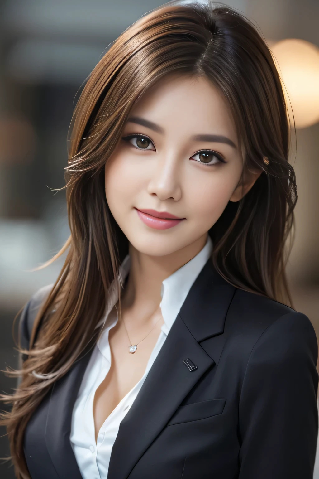 table top, highest quality, realistic, Super detailed, finely, High resolution, 8k wallpaper, 1 beautiful woman,, light brown messy hair, wearing a business suit, sharp focus, perfect dynamic composition, beautiful and detailed eyes, thin hair, Detailed realistic skin texture, smile, close-up portrait, model body shape