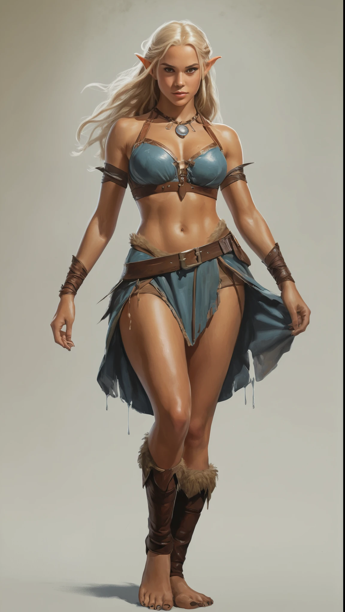 An illustrated movie poster, hand-drawn, full color, a age elven girl, wearing a ratty tunic, sun-tanned complexion, very tall, athletic body, hourglass figure, curvy, slightly chubby, bottom-heavy, generous hips, massive bubble-butt, long legs, ridiculously thick powerful thighs, amber brown eyes, long pointy elf ears, platinum blonde hair, long loose waves, posing on a pedestal, wet glistening skin, hard shadows, graphite shading, stencil marks, airbrushed acrylic paint, masterpiece, in the style of Conan the Barbarian