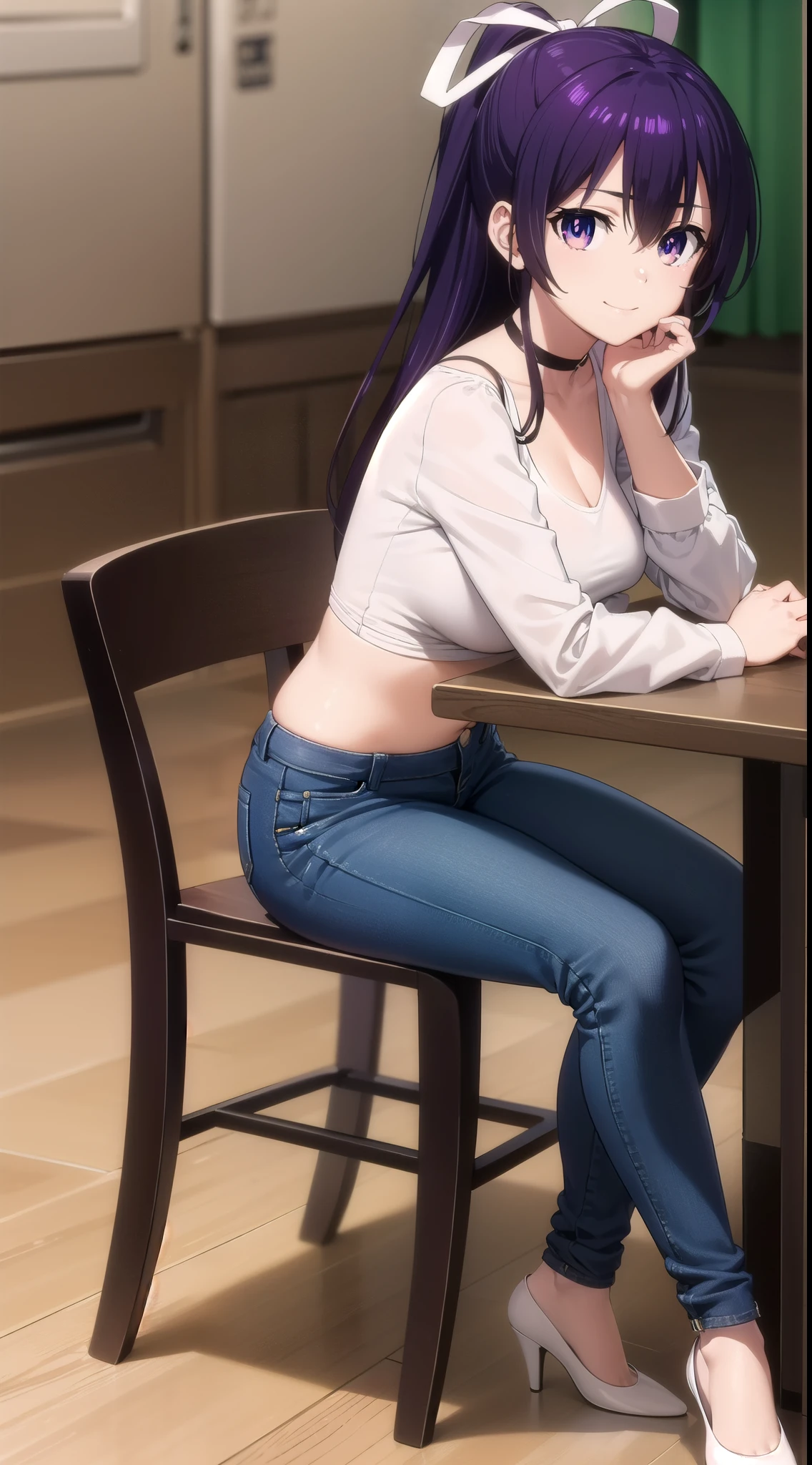 tohkayatogami, tohka yatogami casual, long hair, purple hair, alluringly smile, sweater crop top, white top, long sleeves, v neck, fabric choker, jeans , torn jeans, tight jeans (purple eyes:1.1), hair ribbon, ponytail, purple hair, white ribbon,g cup breasts, plump butt , low heels 
BREAK ,
BREAK indoors, office, alone, sitting, sitting on table, hand on cheek , low heels, white ribbon 
BREAK looking at viewer, elegant poses, cheeks rest, confident, full body view, head to toe view, create bit distance 
BREAK (masterpiece:1.2), best quality, high resolution, unity 8k wallpaper, (illustration:0.8), (beautiful detailed eyes:1.6), extremely detailed face, perfect lighting, extremely detailed CG, (perfect hands, perfect anatomy),